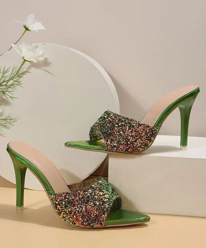 Moderne grüne Pailletten Spleißen Stiletto High Heels Slide Sandalen