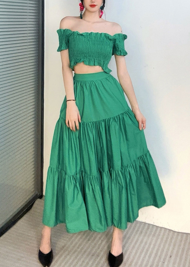 Mode Grün Slash Neck Rüschen Top Und Maxi Röcke Zwei Stück Set Sommer