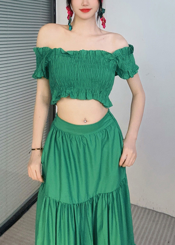 Mode Grün Slash Neck Rüschen Top Und Maxi Röcke Zwei Stück Set Sommer