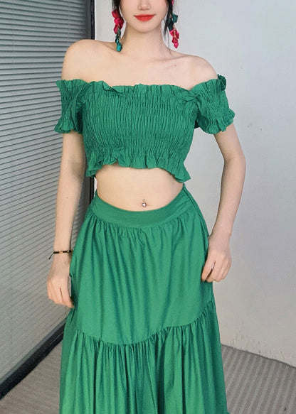 Mode Grün Slash Neck Rüschen Top Und Maxi Röcke Zwei Stück Set Sommer