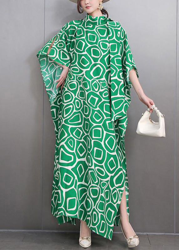 Fashion Green Turtleneck Print Side Open Party Maxi Dress Summer