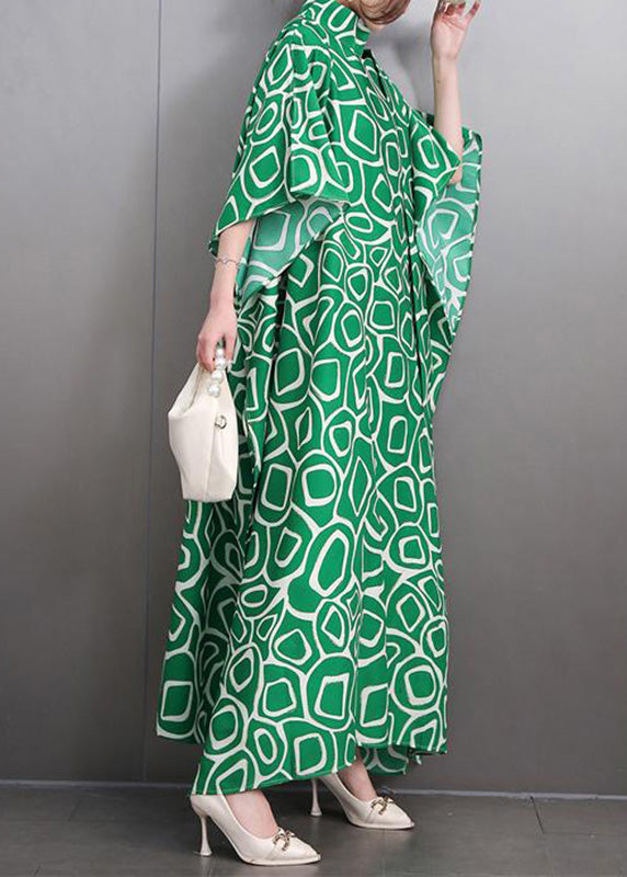Fashion Green Turtleneck Print Side Open Party Maxi Dress Summer