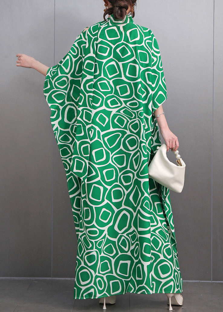 Fashion Green Turtleneck Print Side Open Party Maxi Dress Summer