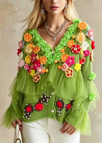 Fashion Green V Neck Floral Ruffled Patchwork Knit Coat Fall