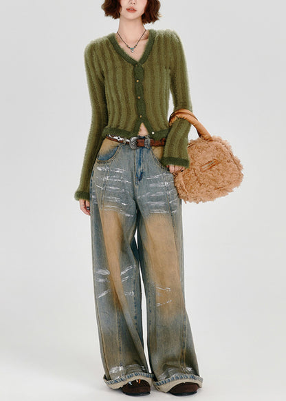 Cárdigan de punto mullido con cuello en V a rayas verdes de moda para invierno