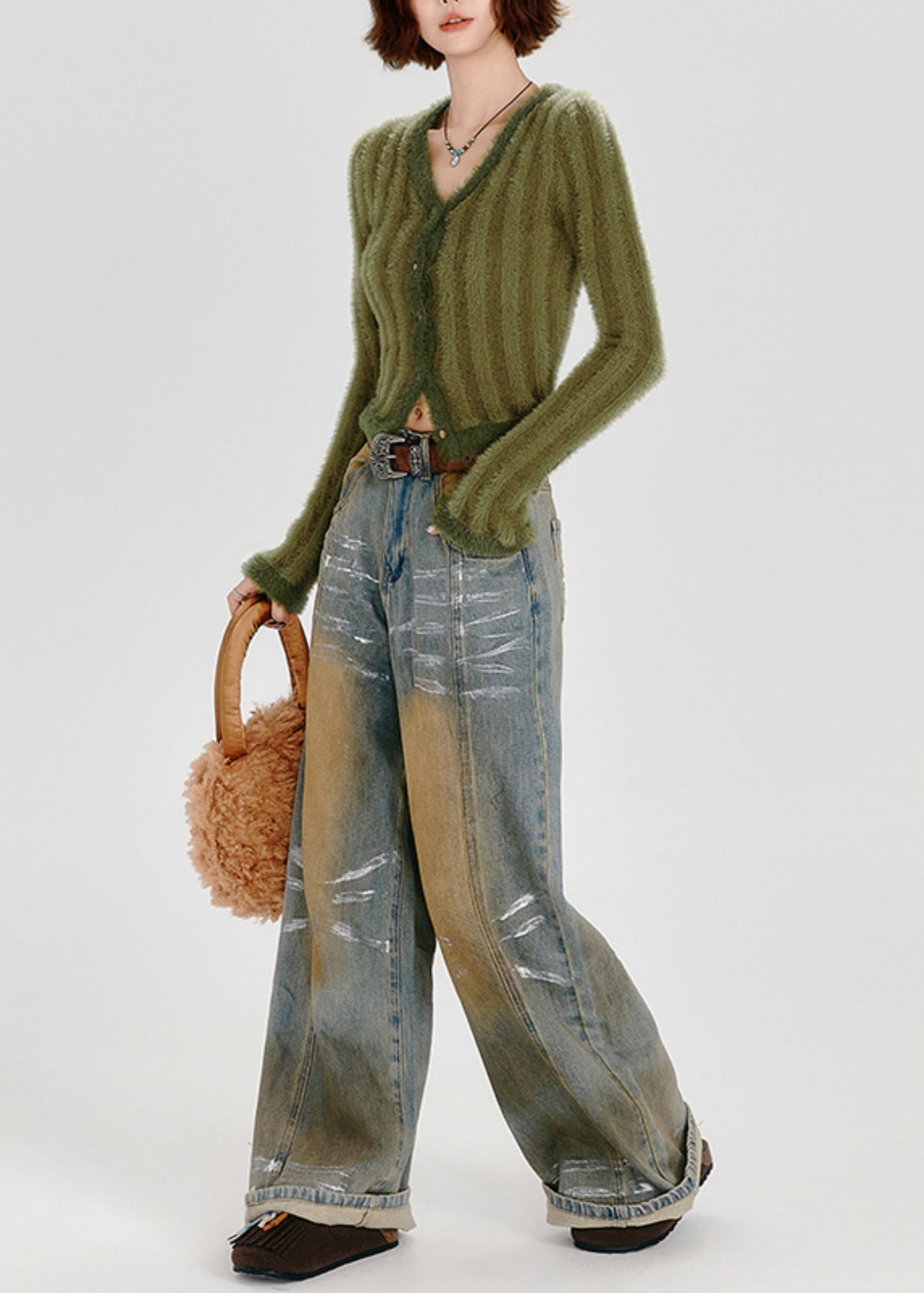 Cárdigan de punto mullido con cuello en V a rayas verdes de moda para invierno