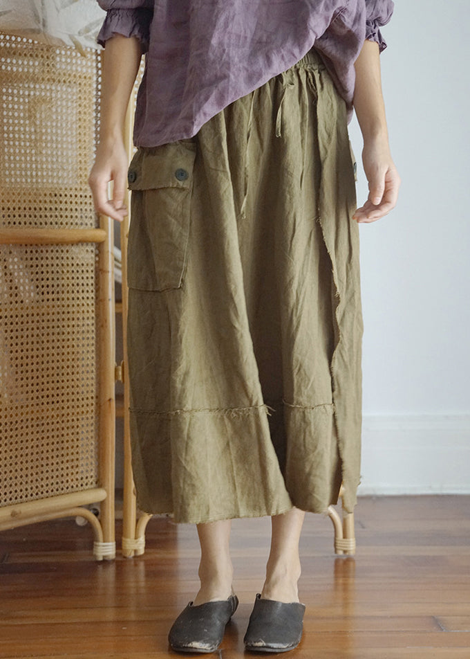 Mode Grün elastische taille kordelzug Asymmetrische tasche Leinen Rock Frühling