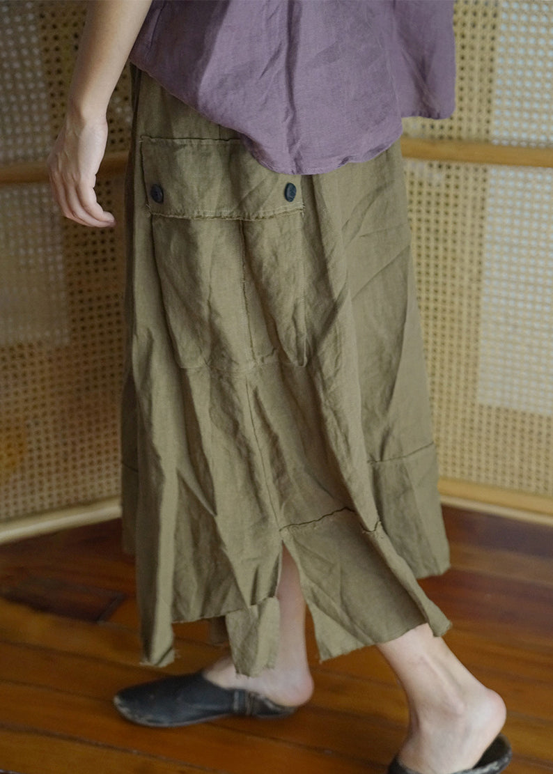 Mode Grün elastische taille kordelzug Asymmetrische tasche Leinen Rock Frühling