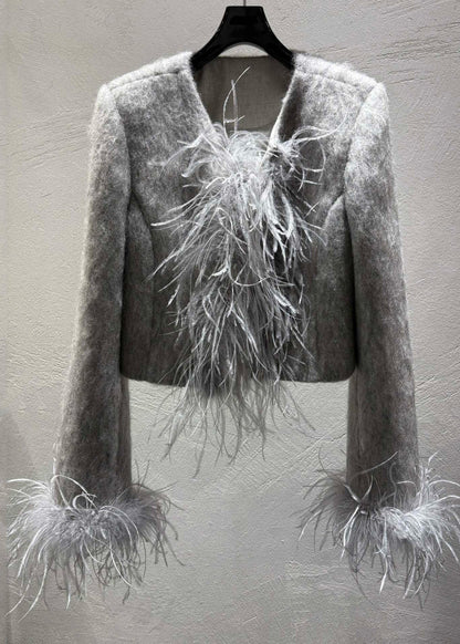 Modische graue Wollmäntel mit Feder-Patchwork-Design für den Winter