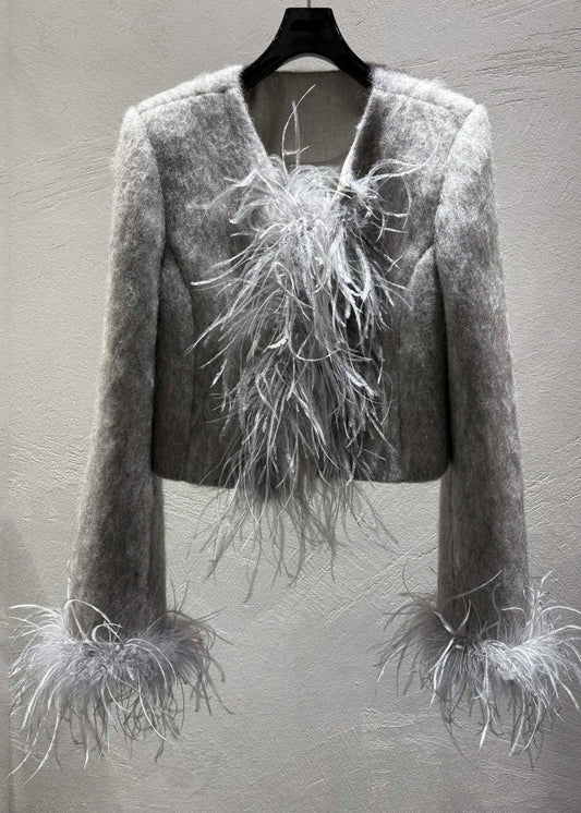 Modische graue Wollmäntel mit Feder-Patchwork-Design für den Winter