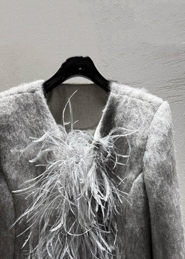 Modische graue Wollmäntel mit Feder-Patchwork-Design für den Winter