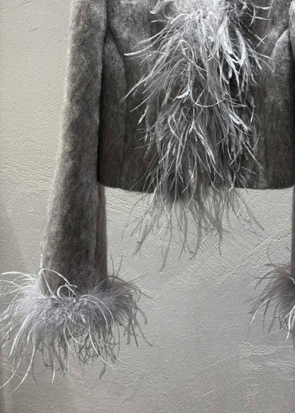 Modische graue Wollmäntel mit Feder-Patchwork-Design für den Winter