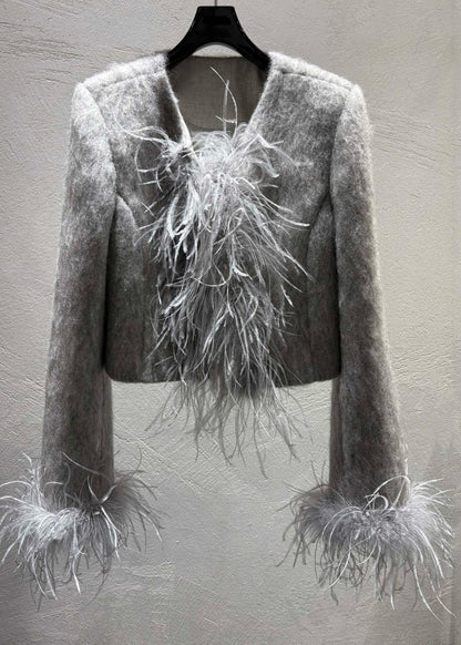 Modische graue Wollmäntel mit Feder-Patchwork-Design für den Winter