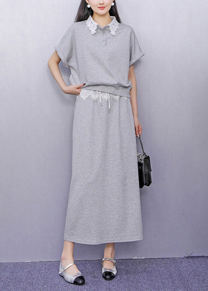 Fashion Grey Lace Patchwork Top And Maxi Skirts Two Piece Set Summer