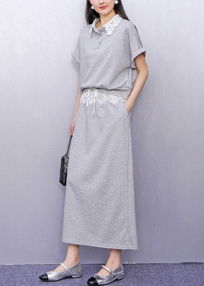 Fashion Grey Lace Patchwork Top And Maxi Skirts Two Piece Set Summer