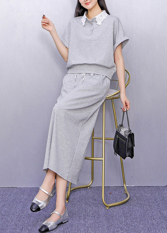 Fashion Grey Lace Patchwork Top And Maxi Skirts Two Piece Set Summer