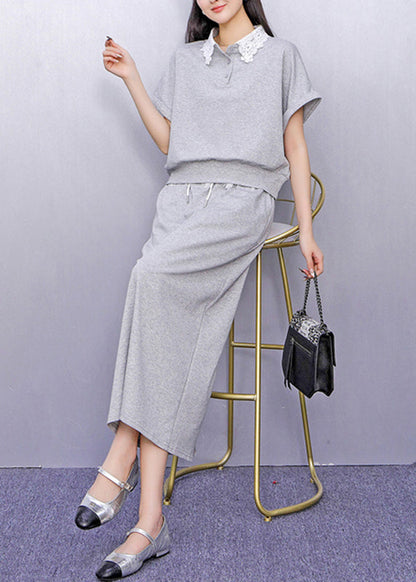 Fashion Grey Lace Patchwork Top And Maxi Skirts Two Piece Set Summer