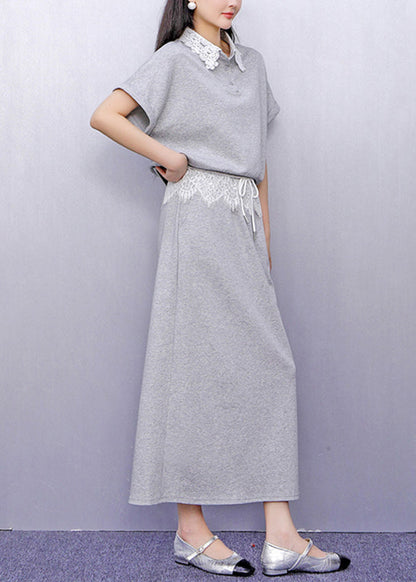 Fashion Grey Lace Patchwork Top And Maxi Skirts Two Piece Set Summer