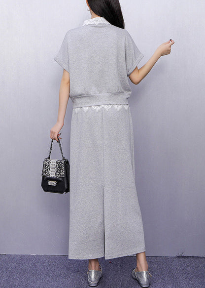 Fashion Grey Lace Patchwork Top And Maxi Skirts Two Piece Set Summer