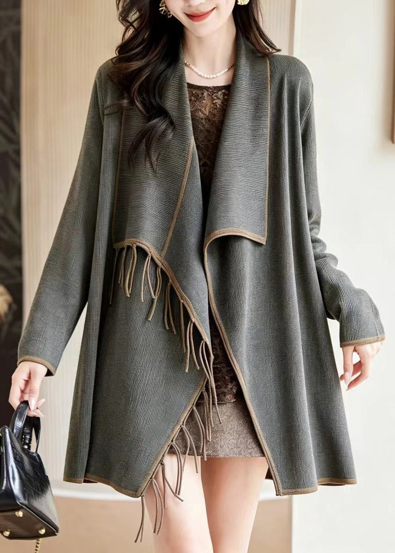 Fashion Grey Midi Length Tassel Knit Cardigan Fall