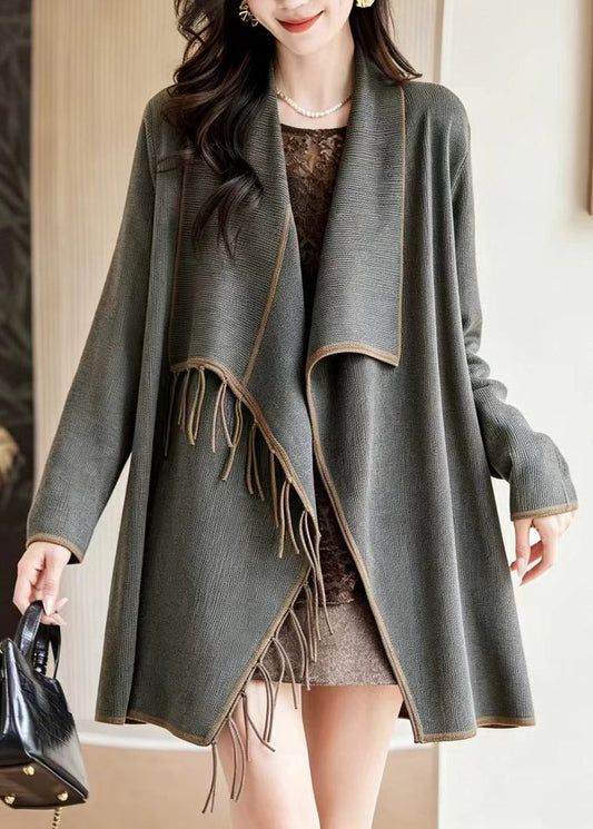 Fashion Grey Midi Length Tassel Knit Cardigan Fall