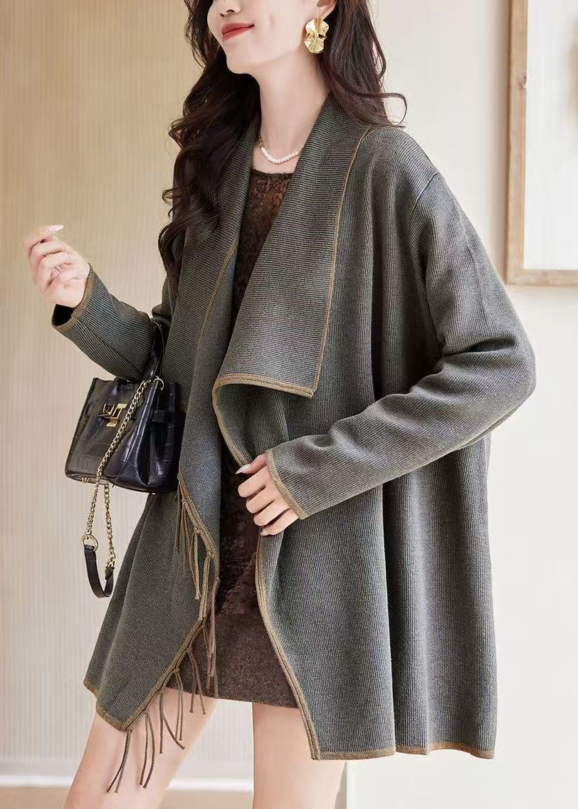 Fashion Grey Midi Length Tassel Knit Cardigan Fall