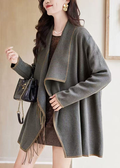 Fashion Grey Midi Length Tassel Knit Cardigan Fall