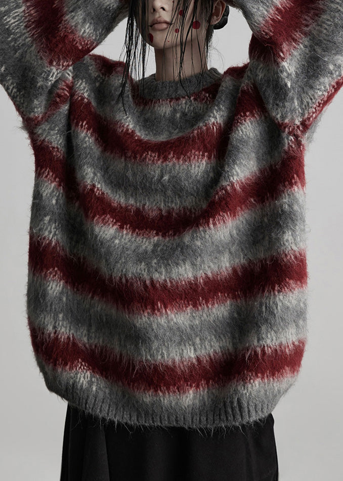 Fashion Grey Oversized Striped Knit Short Sweater Winter