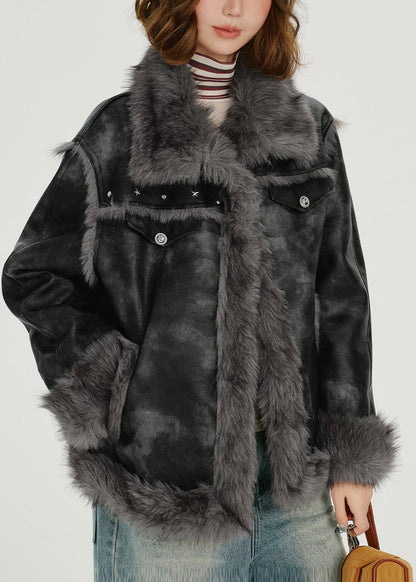 Modische graue Oversize-Kunstlederjacken im Batik-Look für den Winter