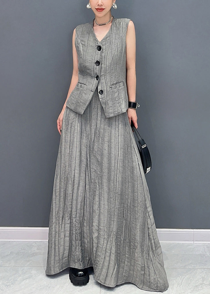 Fashion Grey Patchwork Button Top And Maxi Skirts Two Piece Set Summer