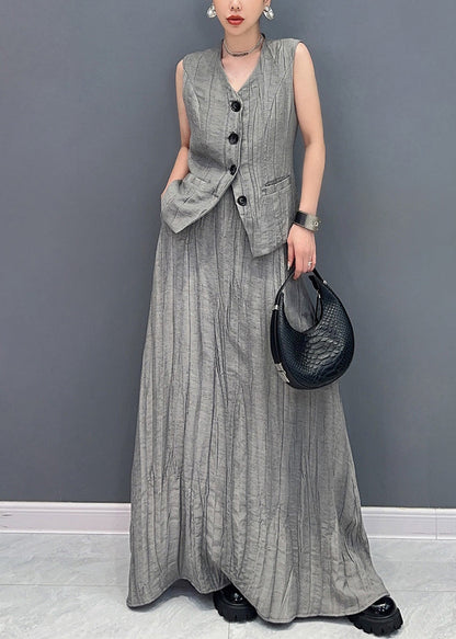 Fashion Grey Patchwork Button Top And Maxi Skirts Two Piece Set Summer