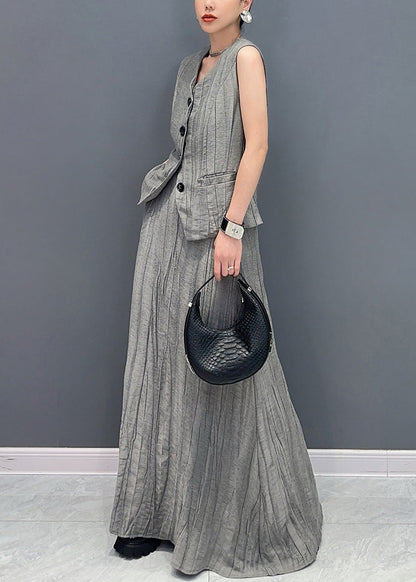 Fashion Grey Patchwork Button Top And Maxi Skirts Two Piece Set Summer