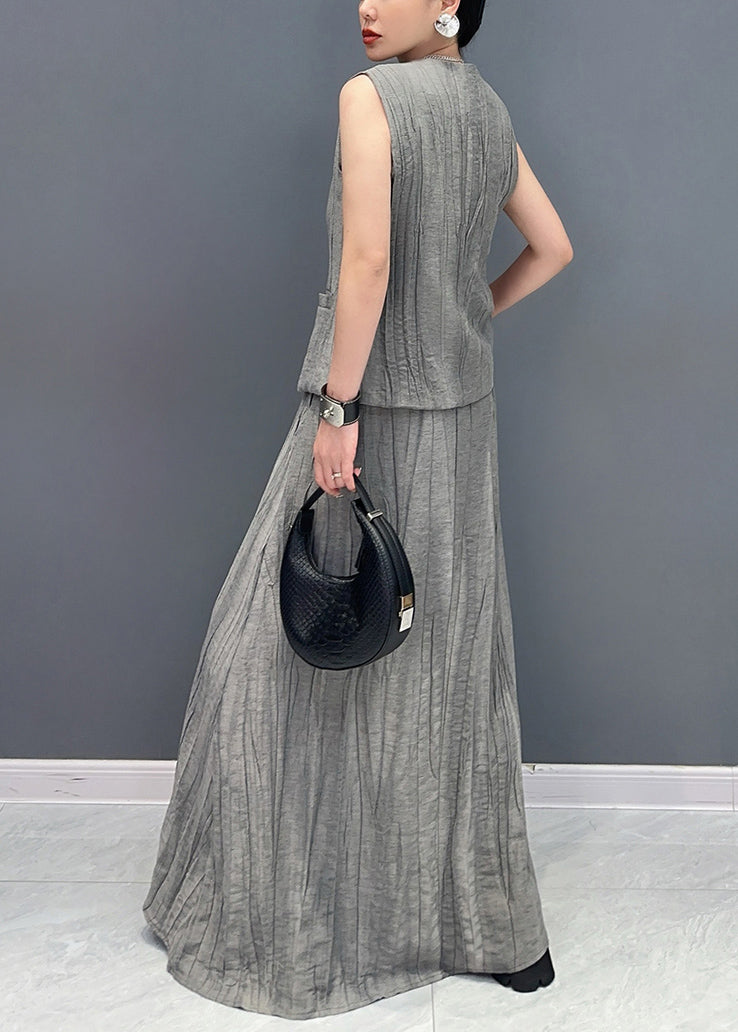 Fashion Grey Patchwork Button Top And Maxi Skirts Two Piece Set Summer