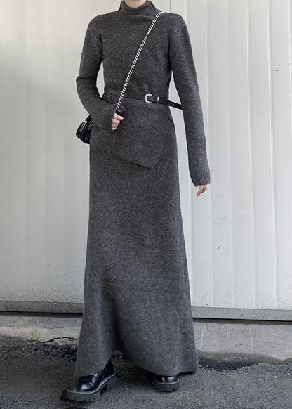 Fashion Grey Turtle Neck Asymmetrical Design Knit Two Pieces Set Winter