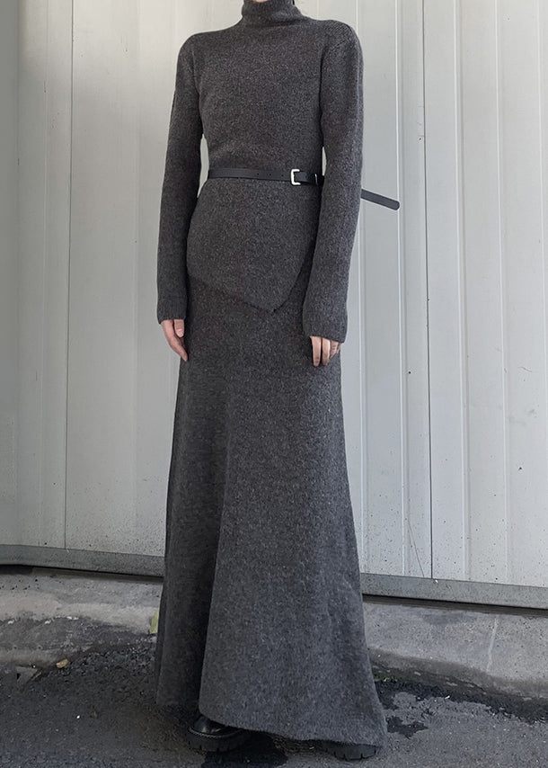 Fashion Grey Turtle Neck Asymmetrical Design Knit Two Pieces Set Winter