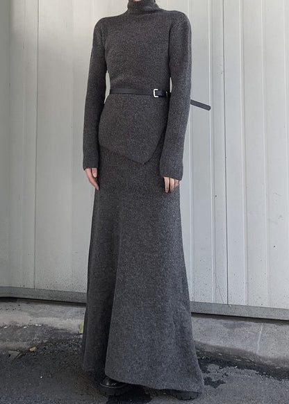 Fashion Grey Turtle Neck Asymmetrical Design Knit Two Pieces Set Winter