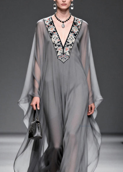 Fashion Grey V Neck Print Patchwork Chiffon Maxi Dresses Spring
