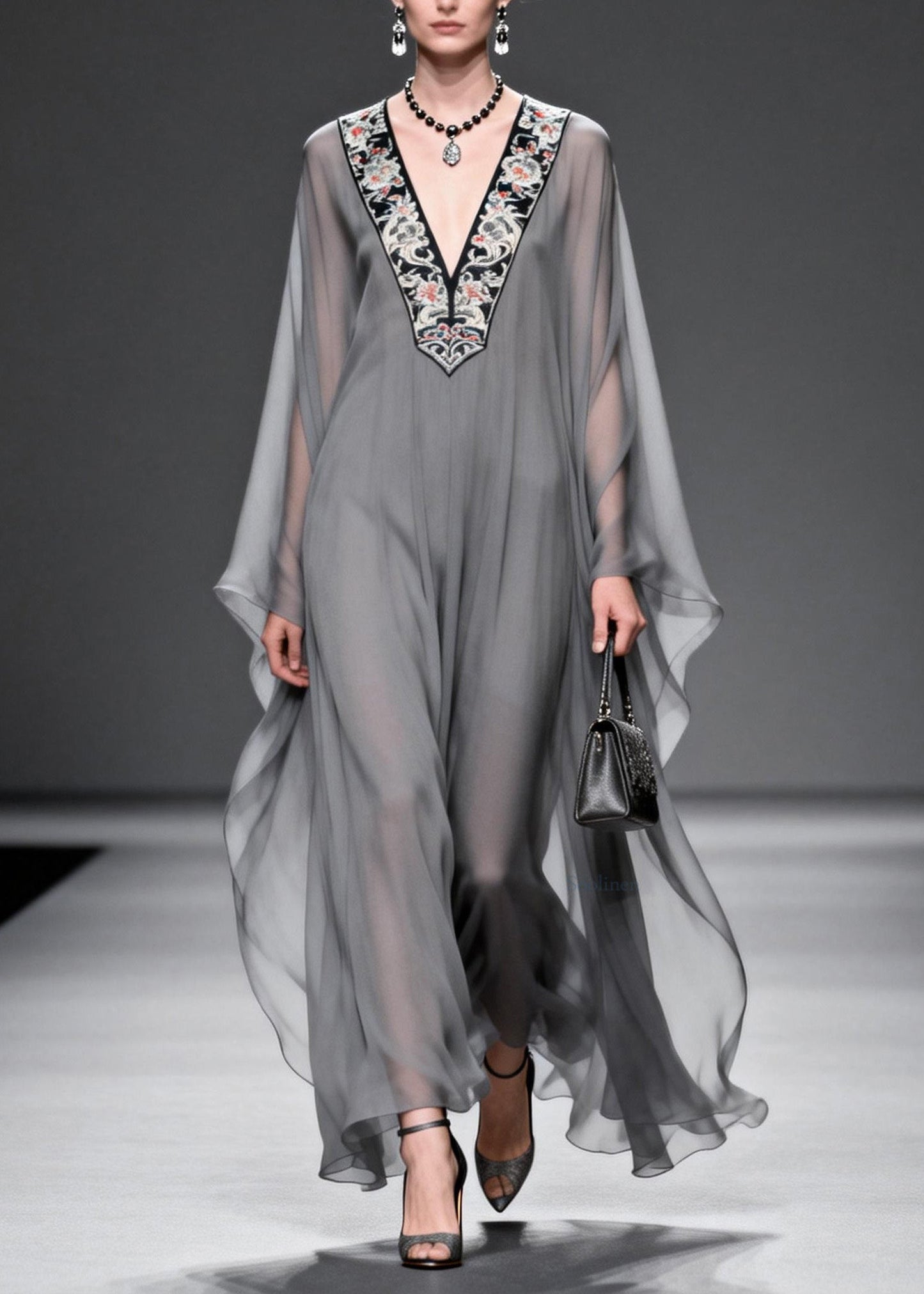 Fashion Grey V Neck Print Patchwork Chiffon Maxi Dresses Spring