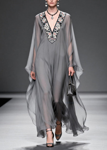 Fashion Grey V Neck Print Patchwork Chiffon Maxi Dresses Spring