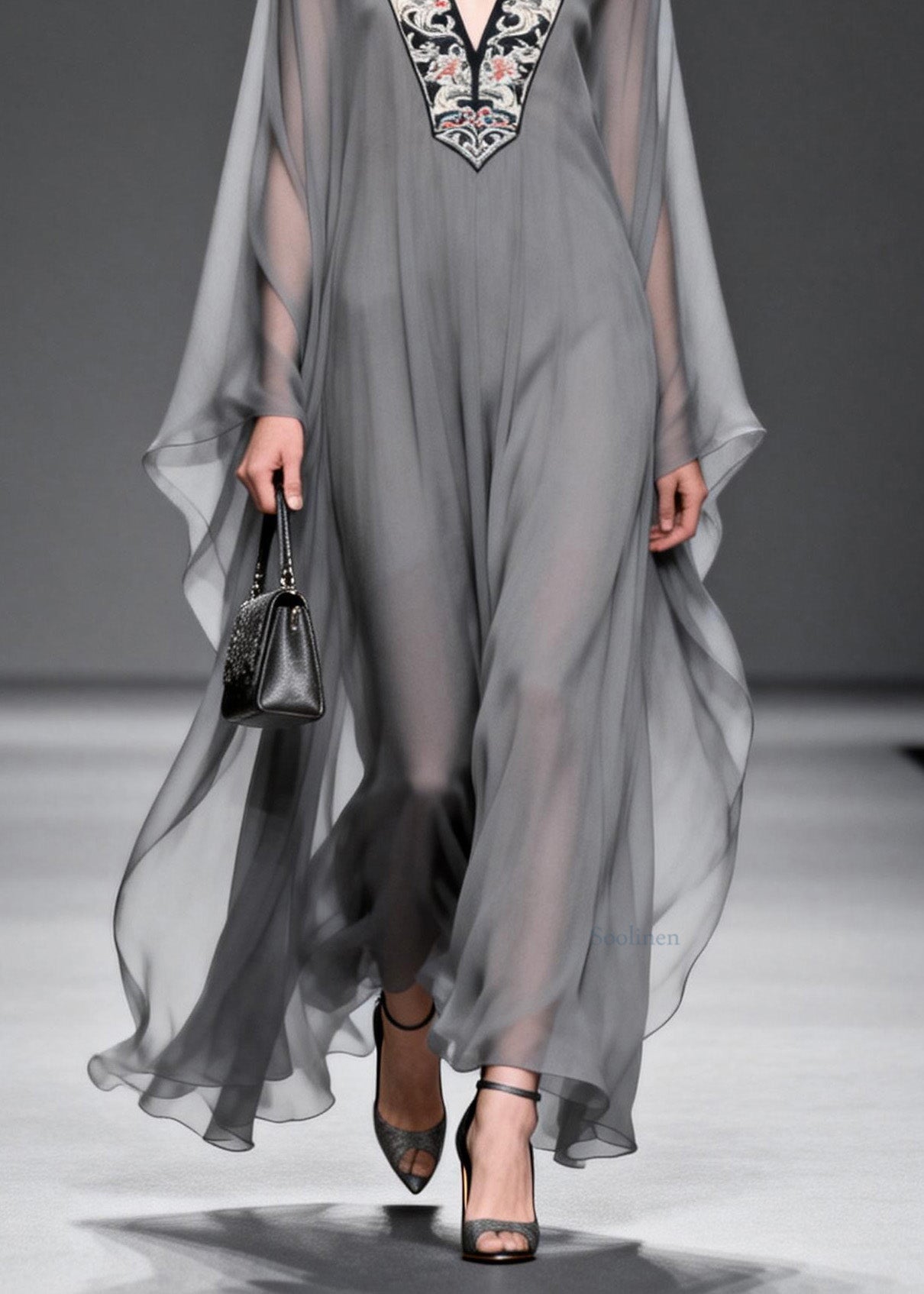 Fashion Grey V Neck Print Patchwork Chiffon Maxi Dresses Spring