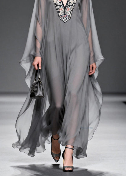 Fashion Grey V Neck Print Patchwork Chiffon Maxi Dresses Spring