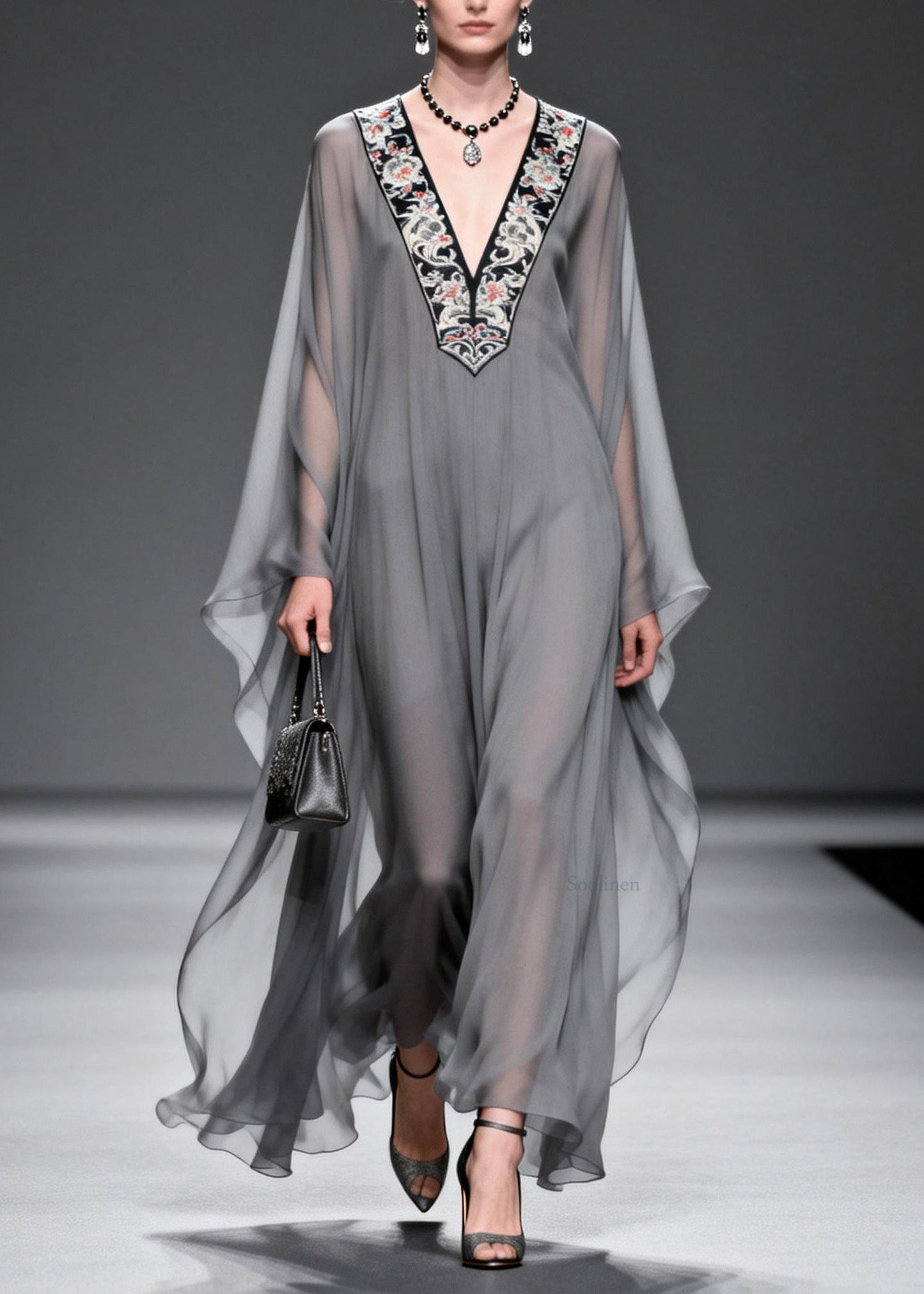 Fashion Grey V Neck Print Patchwork Chiffon Maxi Dresses Spring