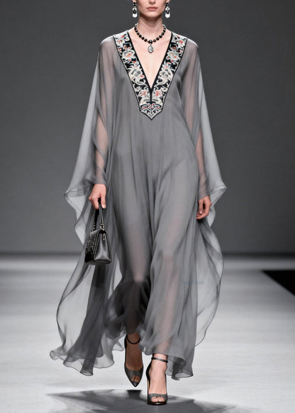 Fashion Grey V Neck Print Patchwork Chiffon Maxi Dresses Spring