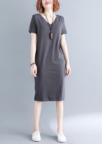 Fashion Grey V Neck Vacation Summer Cotton Dress - SooLinen