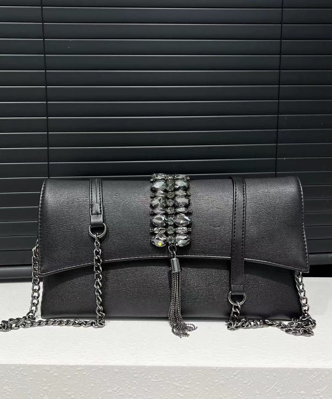 Fashion Grey Zircon Faux Leather Chain Linked Shoulder Bag