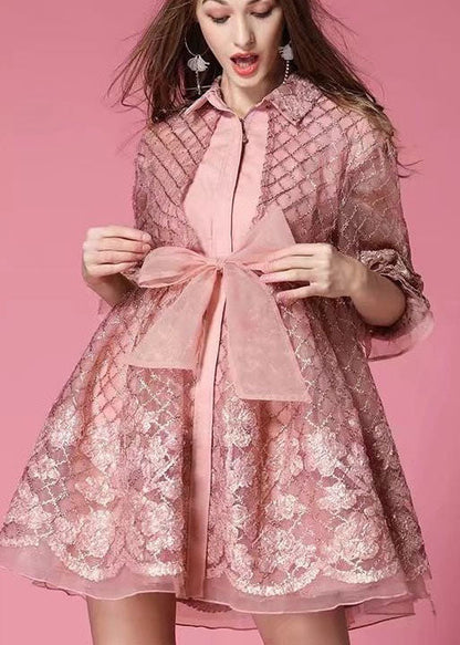 Mode Grau organza Patchwork Aushöhlen Bogen taille Herbst Halbe Hülse Mantel