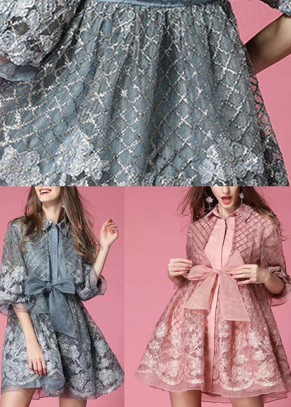 Mode Grau organza Patchwork Aushöhlen Bogen taille Herbst Halbe Hülse Mantel