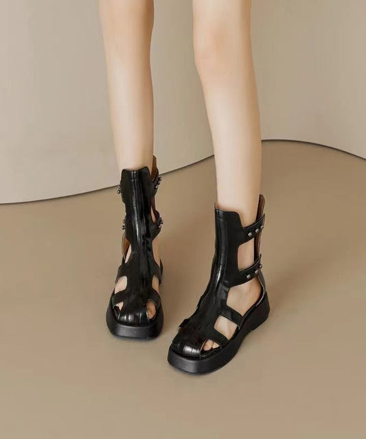 Mode Aushöhlen Plattform Sandalen Stiefel Schwarz Rindsleder