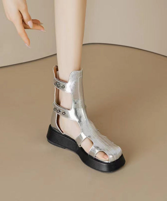 Mode Aushöhlen Plattform Sandalen Stiefel Schwarz Rindsleder
