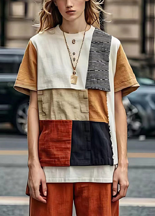 Mode Khaki Asymmetrische Patchwork Leinen Tanks Sommer